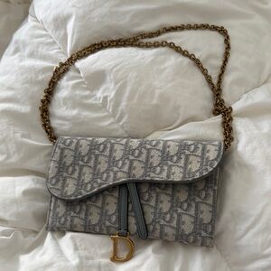 Christian Dior Small Saddle Pouch with Chain- Gray
